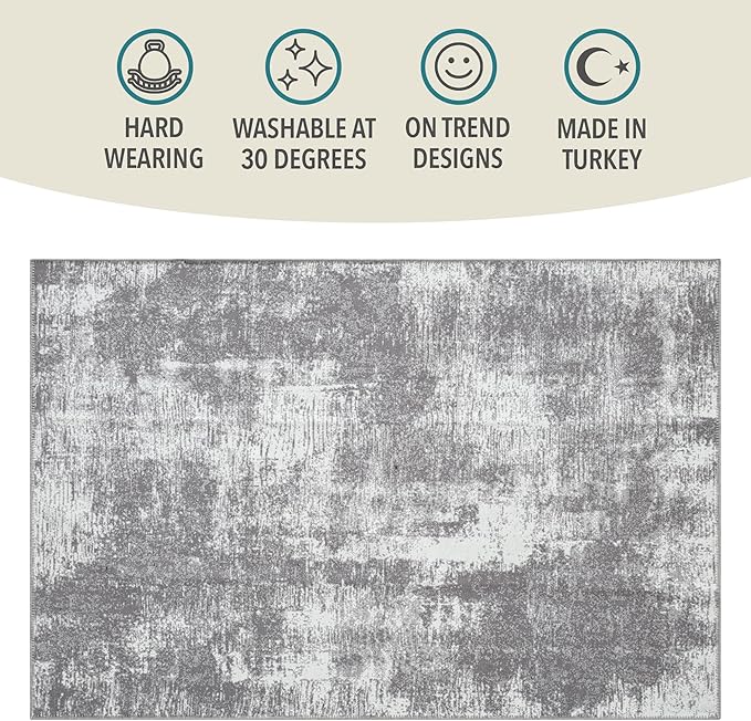 Rugs and More Washable Area Rug - Short Pile Machine Washable Runner, Easy to Clean, Child & Pet Friendly - Modern Mat for Hallway, Bedroom, Kitchen, Utility Room (Grey 200X290CM)