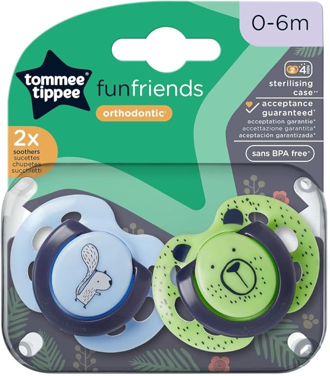 Tommee Tippee Fun Style Soothers for Newborns, Symmetrical Orthodontic Design, BPA-Free Silicone Baglet, Includes Steriliser Box, 0-6m, Pack of 2 Dummies, Colours and Designs Vary