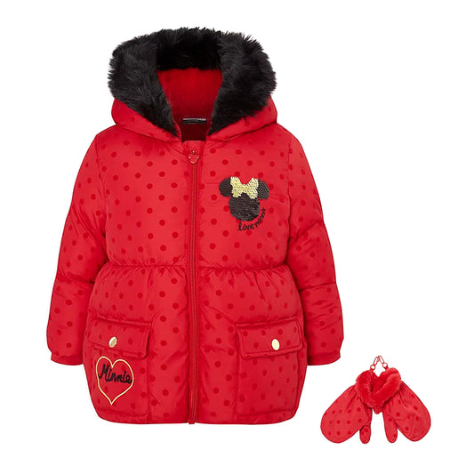 Girls' Disney Minnie Mouse Padded Coat & Mittens Set - Red (Size 4-5)