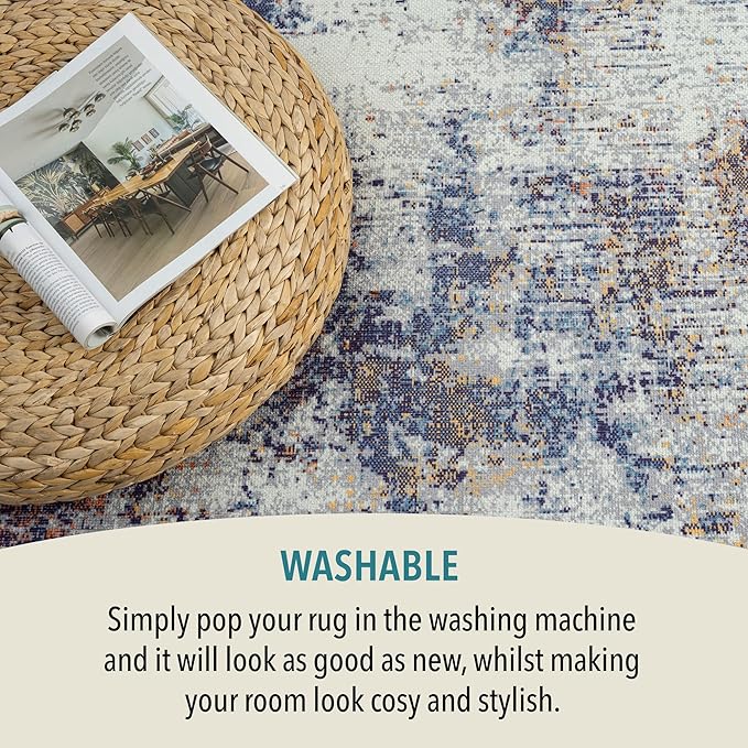 Rugs and More Washable Area Rug - Short Pile Machine Washable Runner, Easy to Clean, Child & Pet Friendly - Modern Mat for Hallway, Bedroom, Kitchen, Utility Room