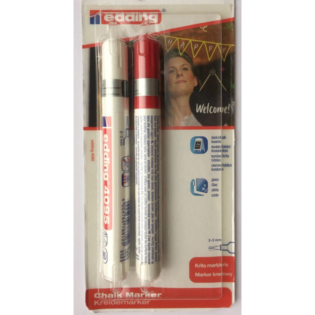 Edding 4095 WHITE and RED Liquid Chalk Markers 2-3mm Tip Twin Pack