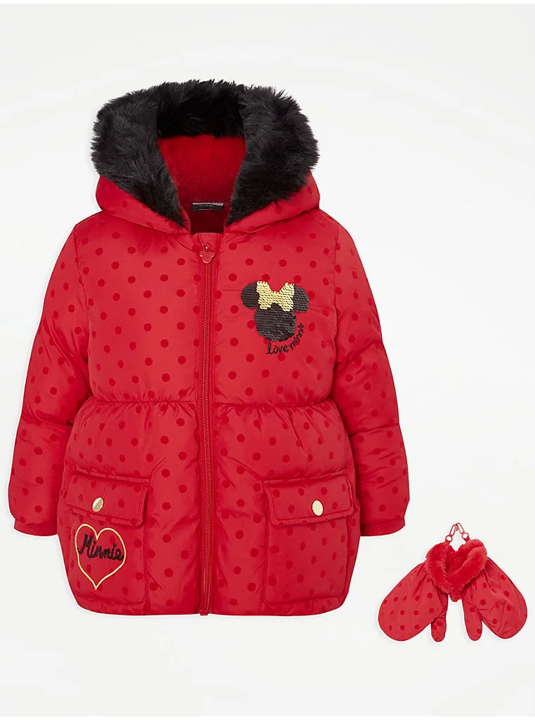 Girls' Disney Minnie Mouse Padded Coat & Mittens Set - Red (Size 4-5)