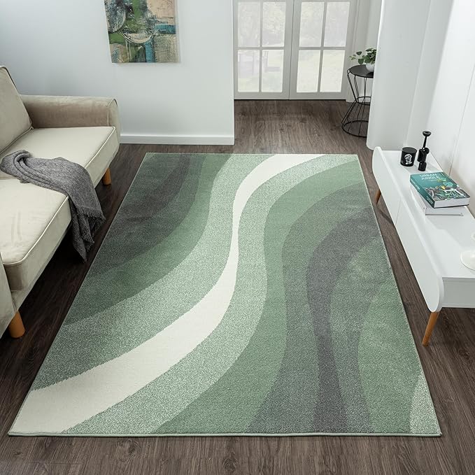 Rugs and More Swirl Green Washable Rug for Large Living Room