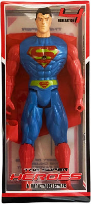 A Superman action figure in its original retail packaging, featuring a blue and red costume with a yellow chest emblem, labeled 'The Super Heroes' line.