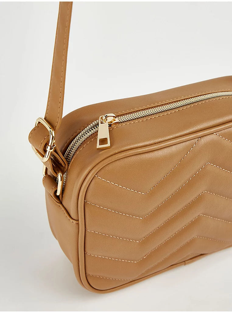 Tan Quilted Cross Body Bag