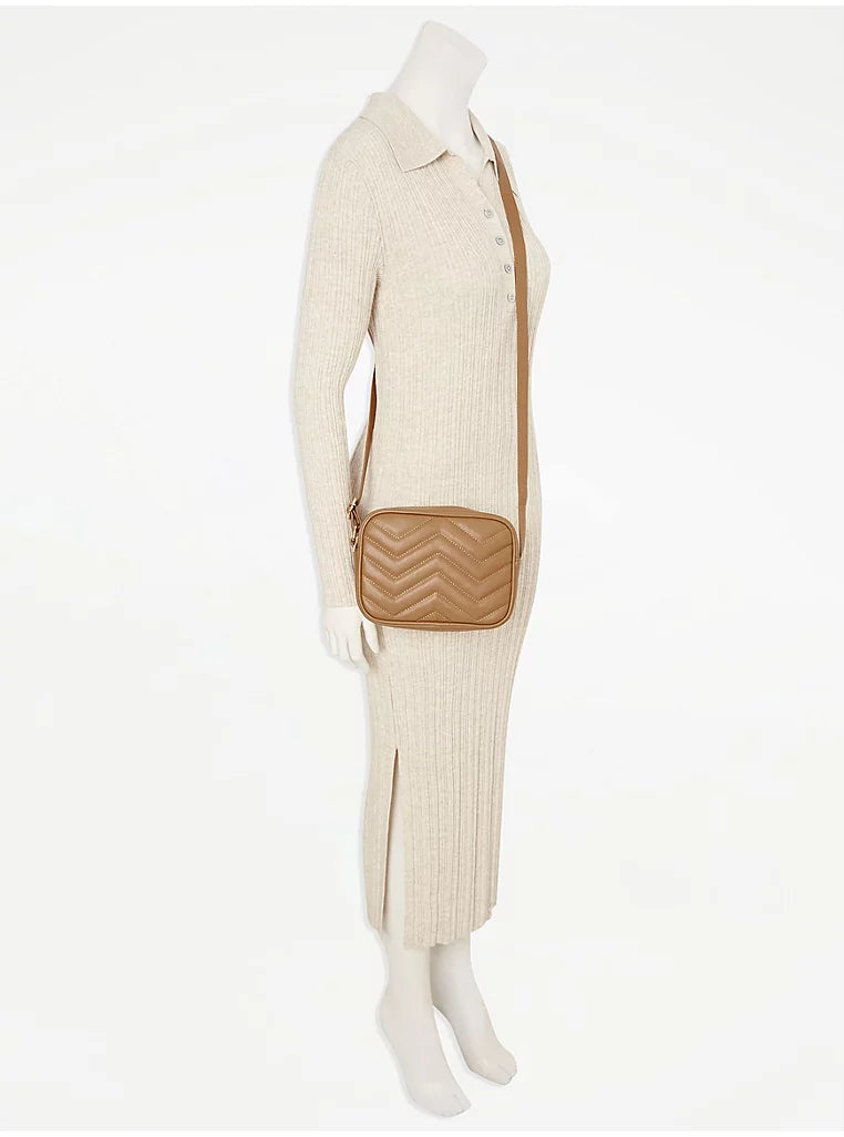 Tan Quilted Cross Body Bag