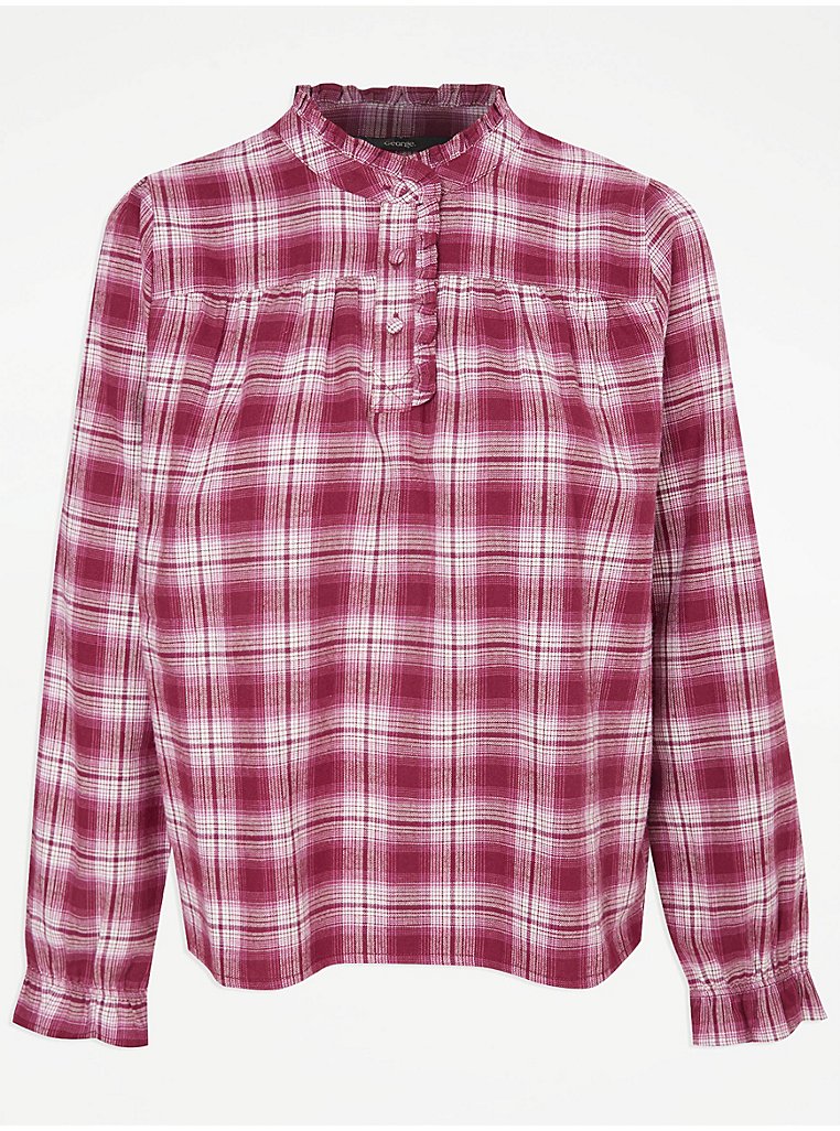 Burgundy Frill Neck Checked Blouse