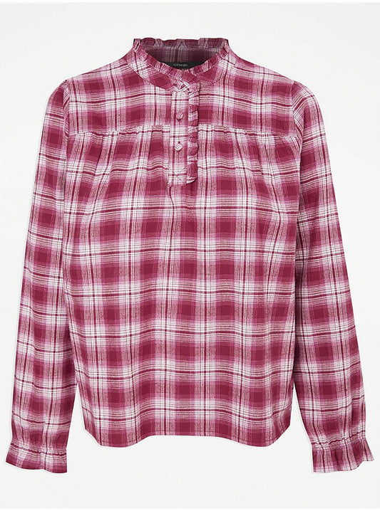 Burgundy Frill Neck Checked Blouse