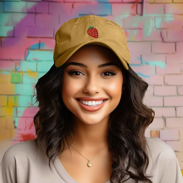 Dalix Strawberry Embroidered Cotton Dad Hat Fruit Adjustable Casual Baseball Cap Nature Womens in Washed Gold