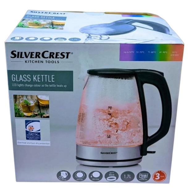 SilverCrest Glass Kettle LED Lights Change Color 1.7 Liter Black & Chrome