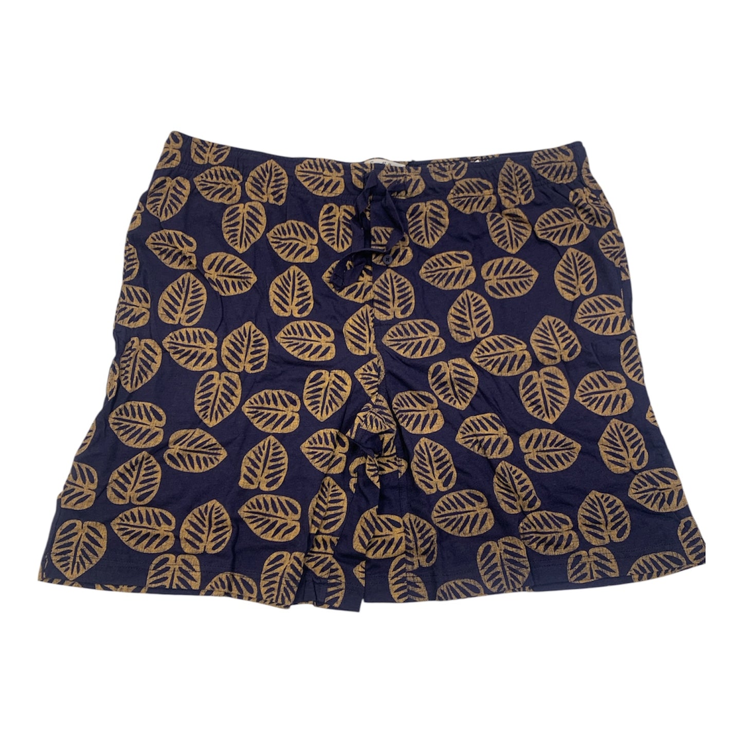 navy shorts feature a prominent beige leaf print and a drawstring waist (XL)