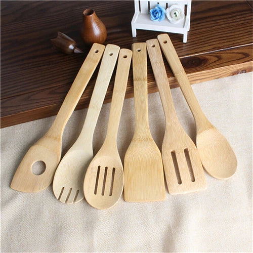 6pcs Bamboo Cooking Utensils Set - Includes Spoonula, Slotted Spoon, Shovel, And Spatula - Perfect For Nonstick Pans And Woks