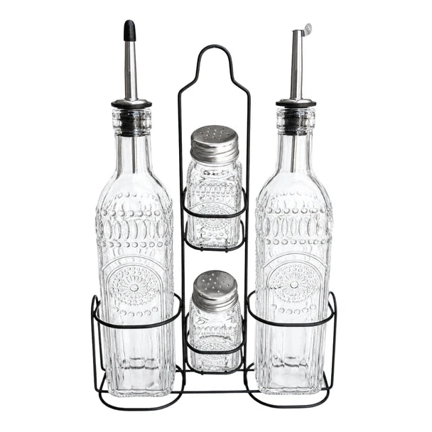 Clear Glass Vintage Glass Oil & Vinegar Set with Stand