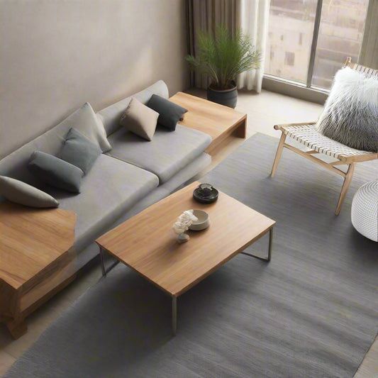 Living room with a gray rug, gray sofa, and wooden bench.