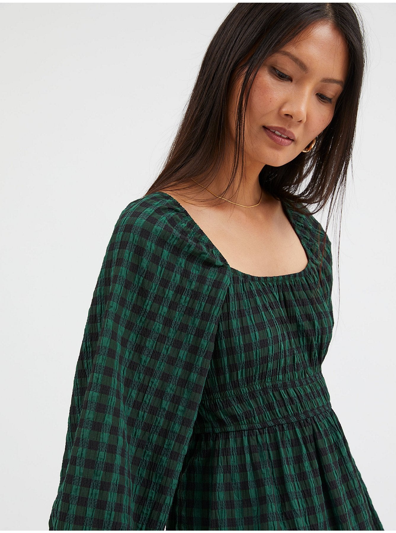 Green Checked Shirred Waist Peplum Top