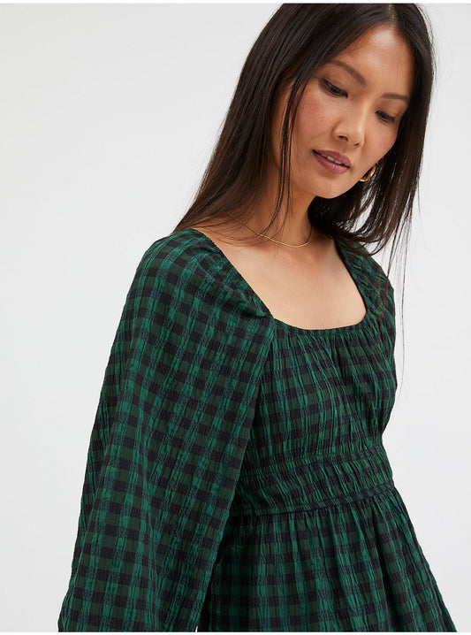 Green Checked Shirred Waist Peplum Top